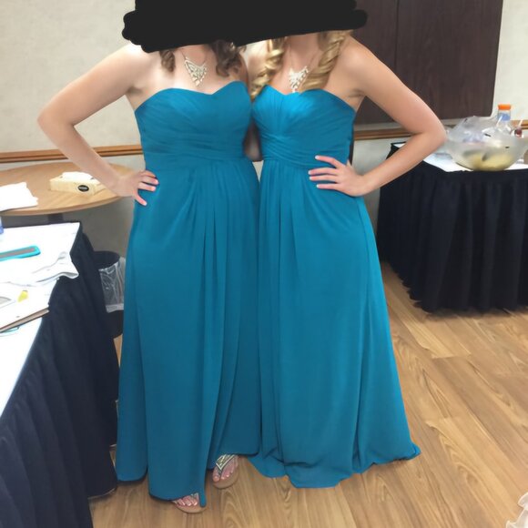David's Bridal Long Strapless Chiffon Dress with Pleated Bodice - Teal - Picture 6 of 6